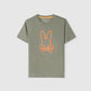 A khaki-green KIDS FLOYD GRAPHIC TEE - B0U338B2TS by Psycho Bunny featuring an embroidered neon orange bunny head with crossbones in the center of the chest. The t-shirt, shown on a plain white background, has a regular fit for everyday comfort.