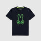 Navy blue t-shirt made from Pima cotton with a neon green outlined embroidered design of a stylized bunny sitting over crossed bones, displayed against a plain background. The collar has a neon green trim. The product is the Psycho Bunny KIDS SANTA MONICA EMBROIDERED GRAPHIC TEE - B0U842A2PC.