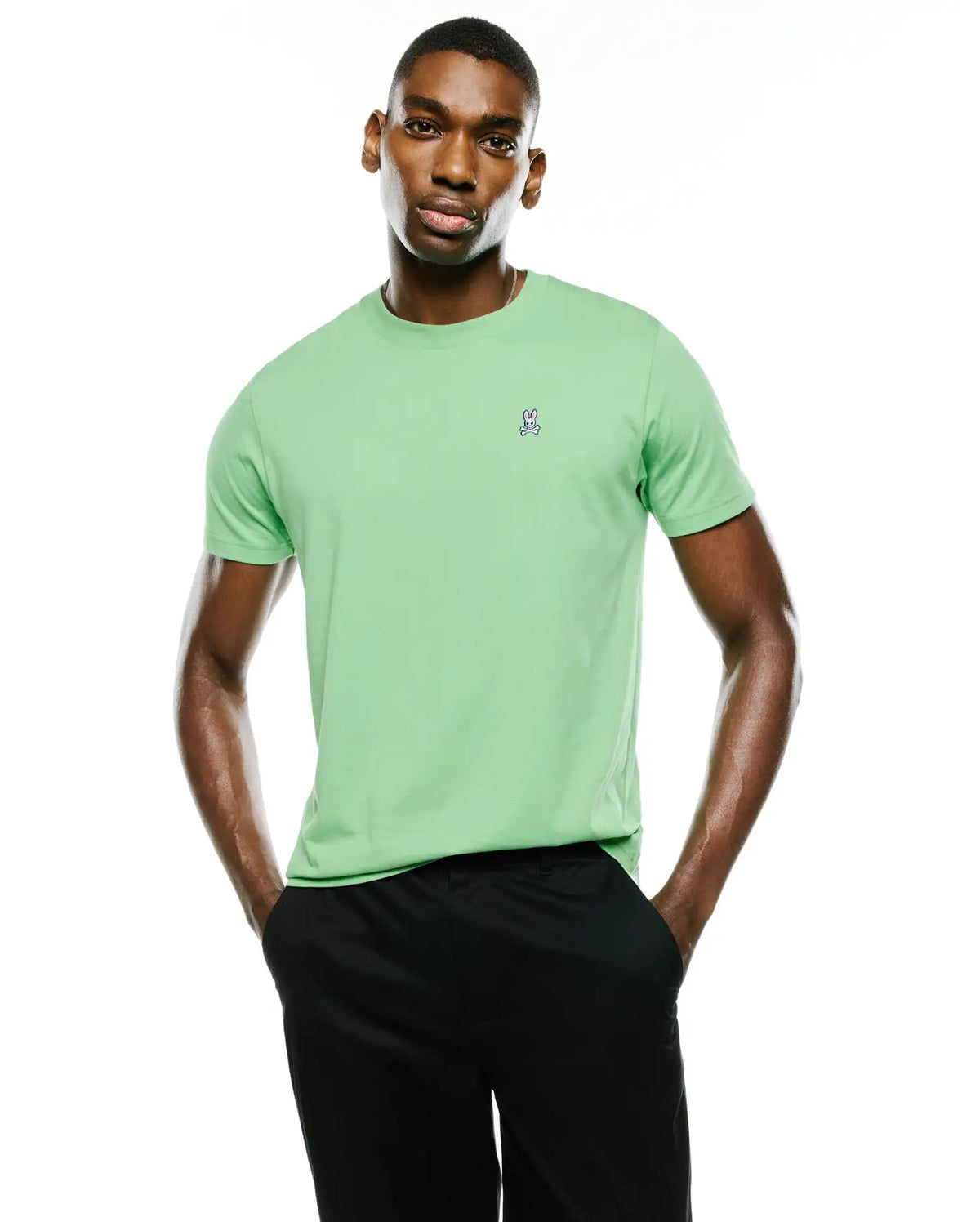 Men's Classic Pima Crew Neck Tee in light green, a classic fit, smooth Pima cotton jersey with a small, embroidered Psycho Bunny skull logo on the left chest featuring white, pink, and blue accents. (4)