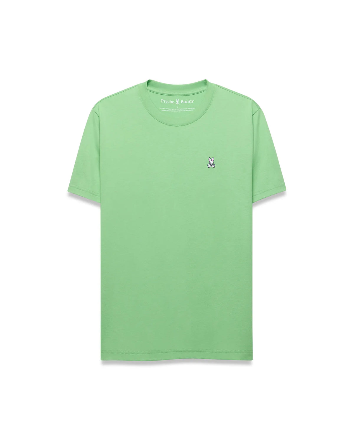 Mens Classic Crew Neck Tee in mint green, featuring a classic fit and smooth jersey knit fabric. Small embroidered Psycho Bunny skull logo with white, black, and pink accents on the left chest. (1)
