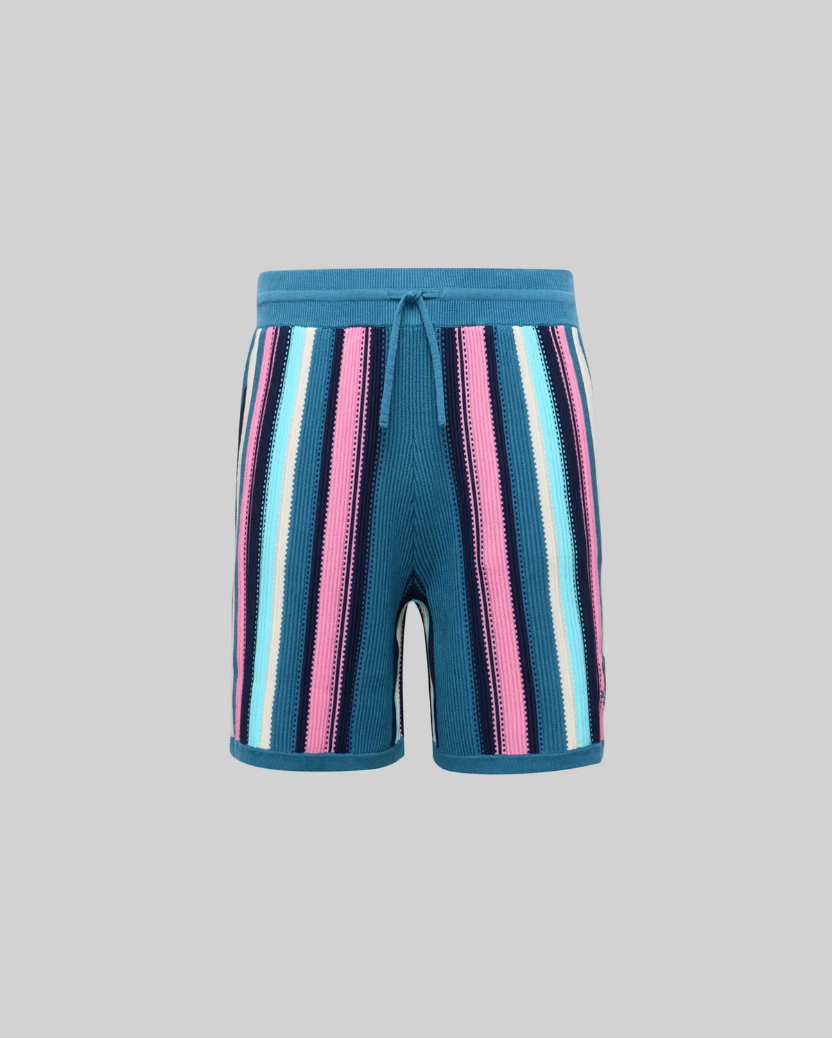 Kids Cliff Knit Short in teal, featuring a ribbed drawstring waistband and vibrant vertical stripes in pink, navy, light blue, and white, with a relaxed knit texture. (4)