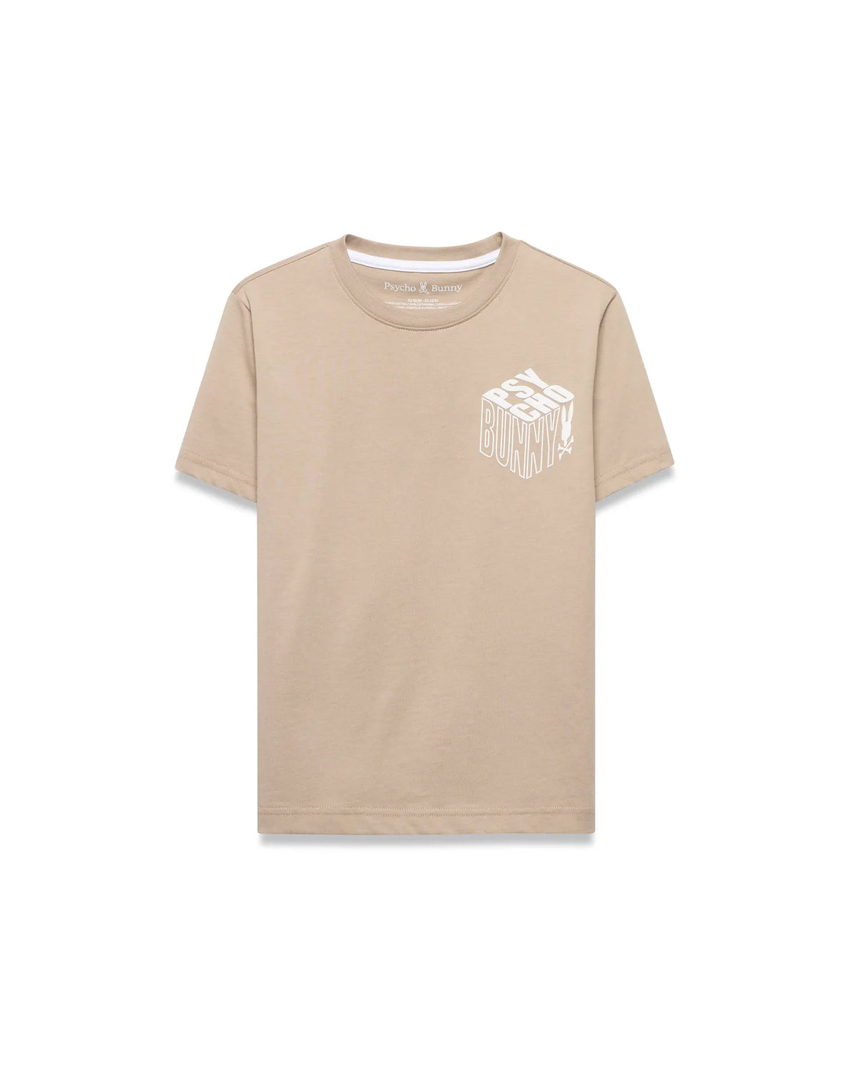 Beige Kids Conan Back Graphic Tee in classic fit jersey knit, featuring a large white 3D Psycho Bunny text graphic on the front and a small neck label bunny skull logo. (5)