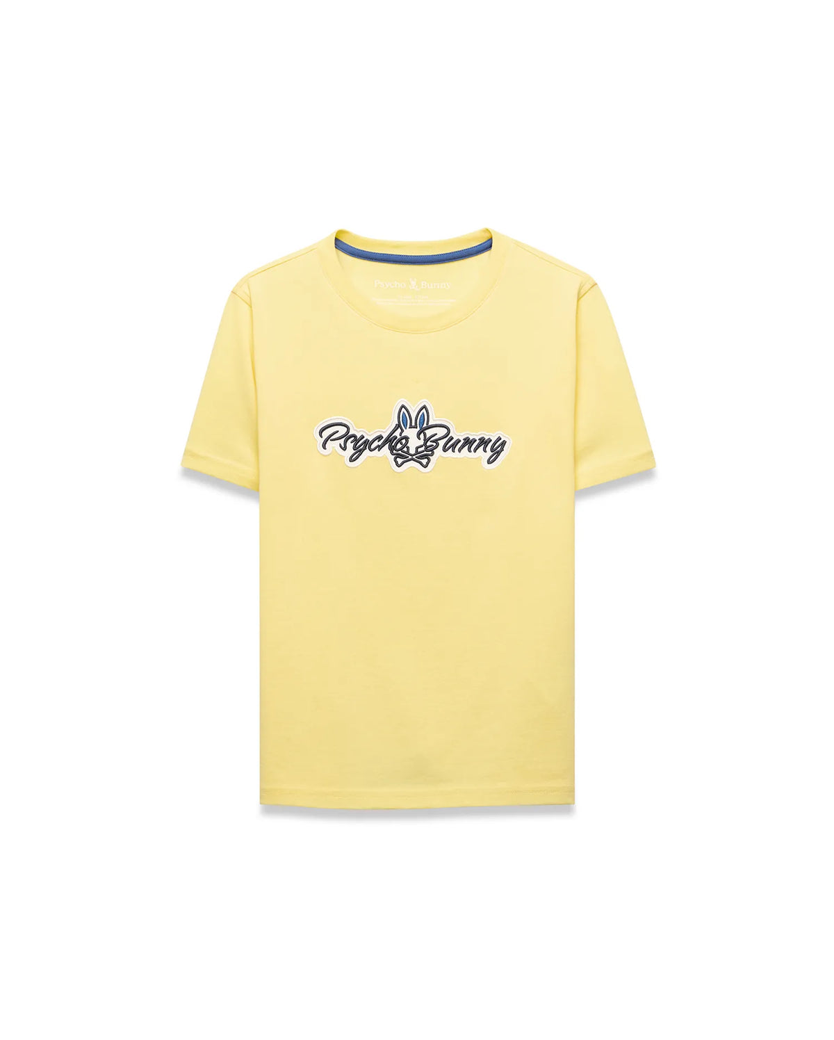 Kids Jaydon Wordmark Graphic Tee, a classic fit pale yellow jersey t-shirt featuring a large central chest graphic of the Psycho Bunny wordmark and skull logo in black, white, and blue. (1)