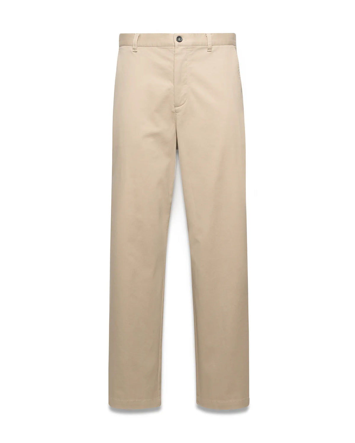 Mens Aidan Chino Pant in classic fit beige smooth cotton chino fabric, featuring a flat front, button closure, and belt loops. (5)