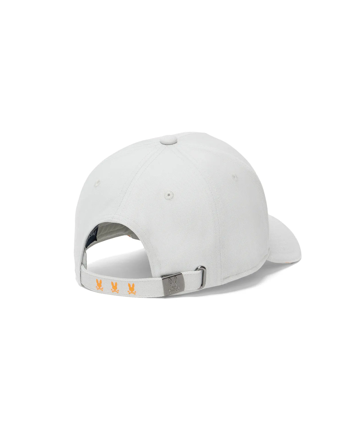 Mens Alex A-Frame Trucker Cap in white twill, featuring a silver buckle with an engraved bunny skull logo and three small orange embroidered bunny skull logos on the adjustable back strap. (4)