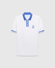 Mens Ridley Pique Polo, white with classic fit, features a blue ribbed collar, two-button placket with blue stripe, blue ribbed cuffs, and an embroidered blue Psycho Bunny skull logo on the left chest. (4)