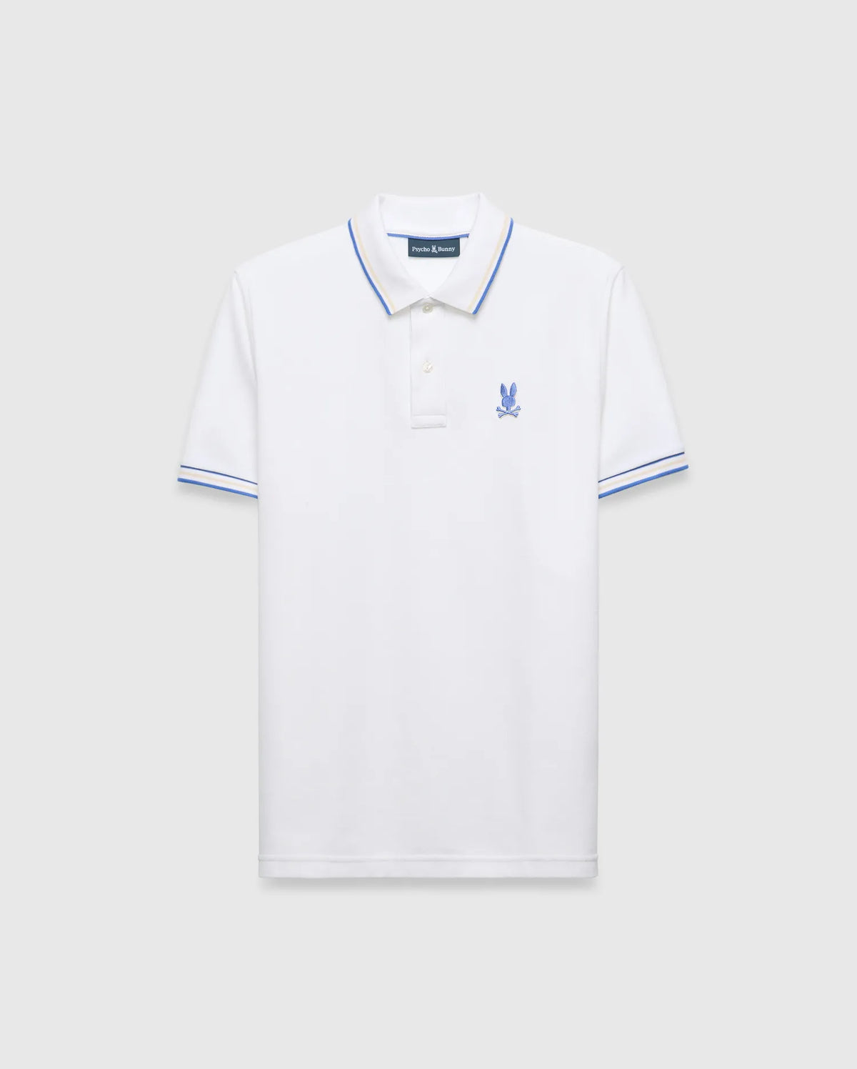 Mens Brad Pique Polo, white classic fit pique polo with blue and yellow tipping on collar and cuffs, featuring a small embroidered blue Psycho Bunny skull logo on the left chest. (5)