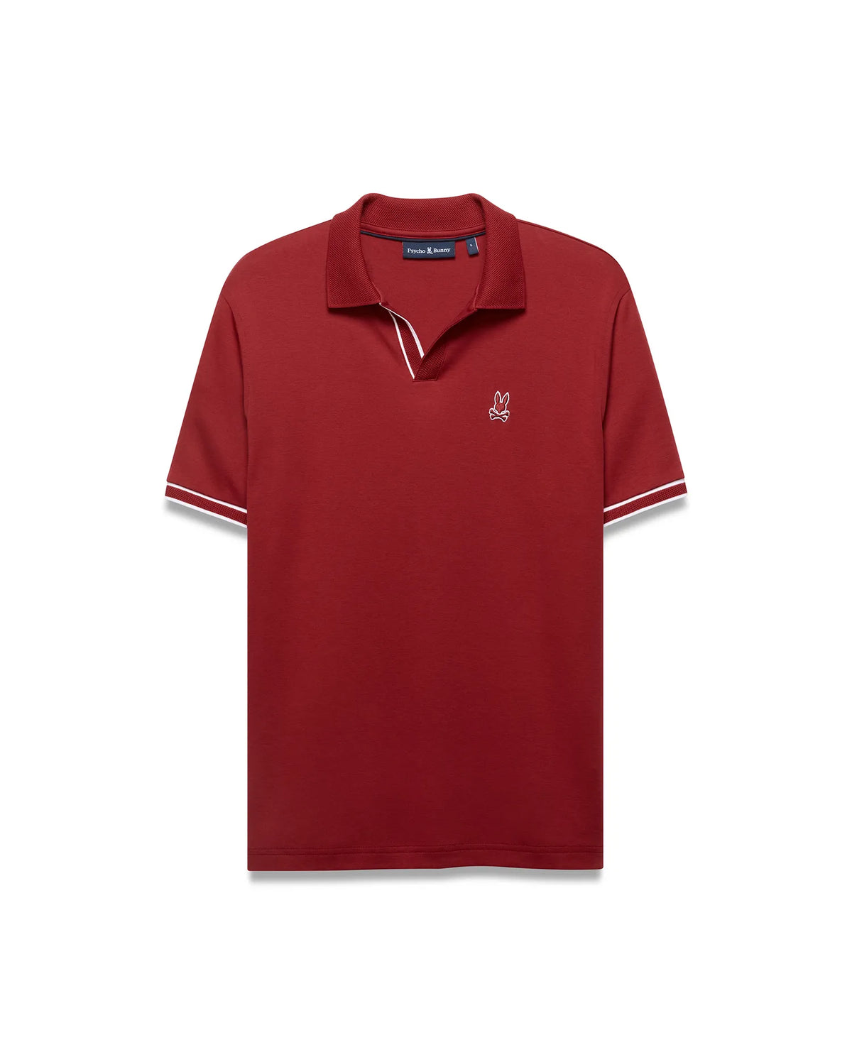 Men's Nasser Johnny Collar Polo, a classic fit deep red jersey polo with a Johnny collar, white tipping on collar and ribbed cuffs, and a small white embroidered Psycho Bunny skull logo on the left chest. (5)