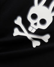 Mens Emmanuel Pima Cotton Graphic Tee in black, showcasing a prominent, distressed white Psycho Bunny skull and crossbones graphic print on its soft jersey fabric. (6)