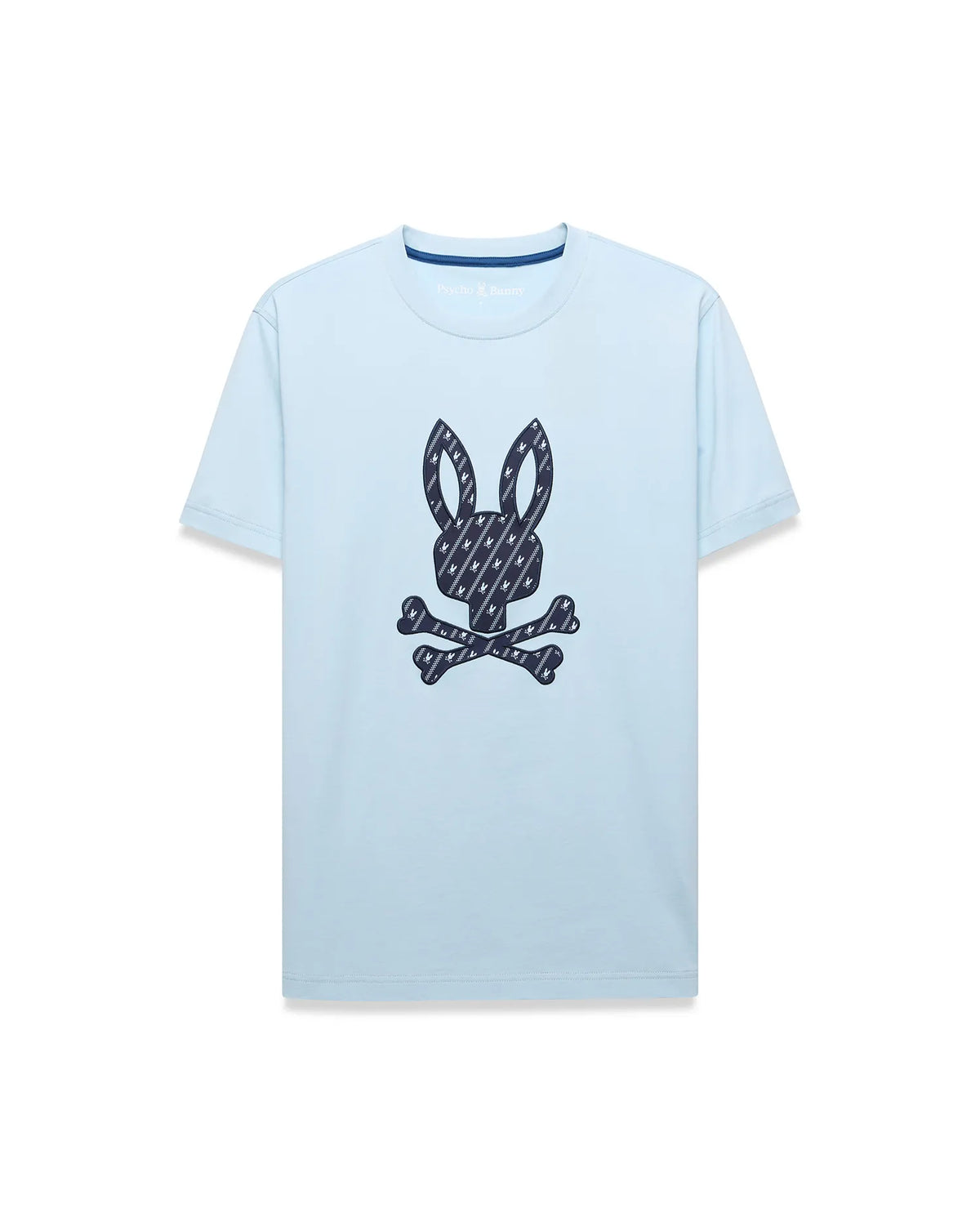 Mens Jaden Graphic Tee, a light blue classic fit jersey t-shirt featuring a large central dark blue Psycho Bunny skull logo graphic filled with a repeating mini-logo pattern, with subtle inner collar branding. (1)