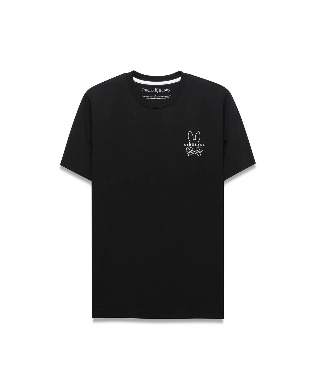 Premium Black Mens Piers Back Graphic Tee, a refined streetwear classic fit soft jersey t-shirt featuring a small white embroidered Psycho Bunny skull logo on the left chest. (5)