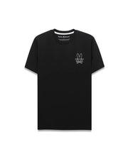 Premium Black Mens Piers Back Graphic Tee, a refined streetwear classic fit soft jersey t-shirt featuring a small white embroidered Psycho Bunny skull logo on the left chest. (5)
