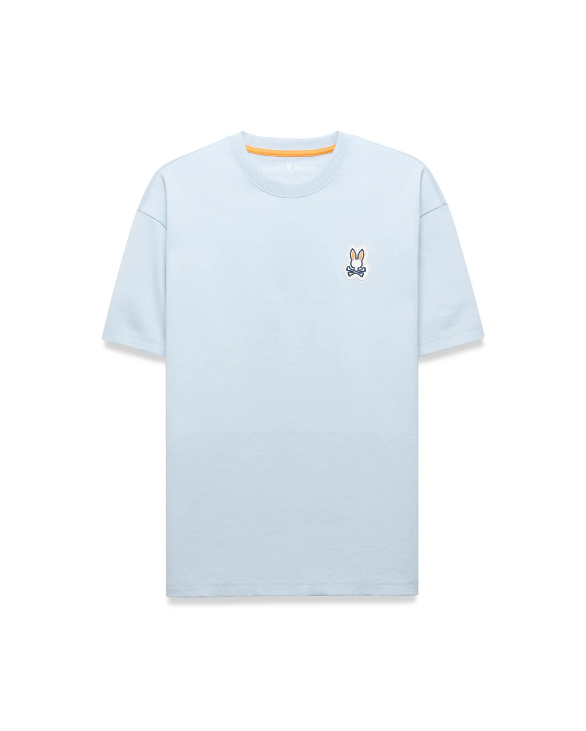 Light blue Mens Jaydon Relaxed Fit Tee in soft jersey, featuring a small embroidered Psycho Bunny skull logo on the left chest and orange neck tape. (5)