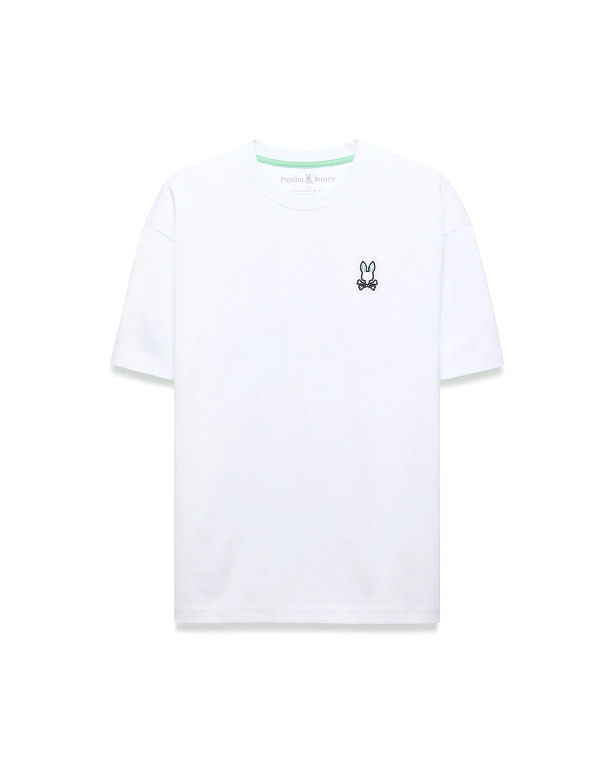 White Mens Jaydon Relaxed Fit Tee in smooth jersey knit, featuring a small embroidered Psycho Bunny skull logo on the left chest and green neck tape. (5)