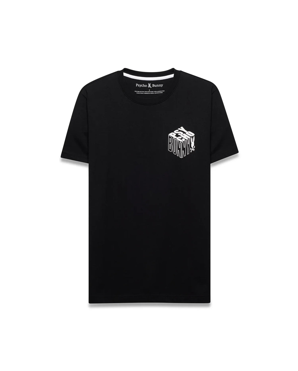 Men's Conan Pima Back Graphic Tee, a classic fit black Pima cotton jersey t-shirt featuring a small white 3D-effect Psycho Bunny text graphic with skull logo on the left chest. (5)