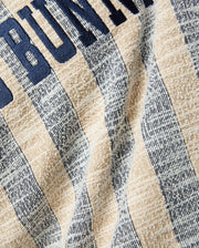 MENS Nathaniel Relaxed Raglan Tee, a relaxed fit textured knit with alternating beige and heathered navy-white vertical stripes, featuring large navy embroidered BUNNY text. (6)