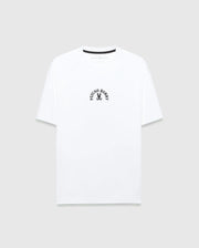 White Mens Stevie Relaxed Fit Tee in smooth jersey fabric, featuring a small black arched Psycho Bunny text and skull bunny graphic on the central chest. (5)