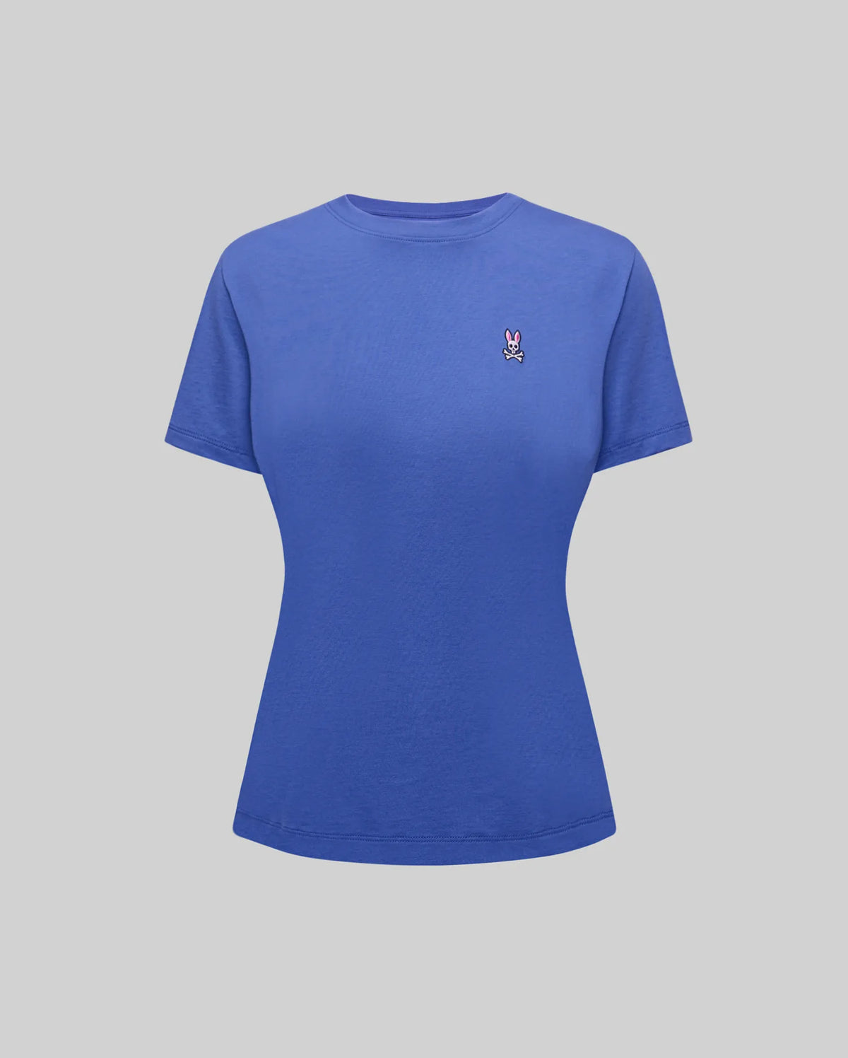 Women's Classic Tee in royal blue jersey knit, featuring a classic slim fit and a small embroidered pink and white Psycho Bunny skull logo on the left chest. (5)