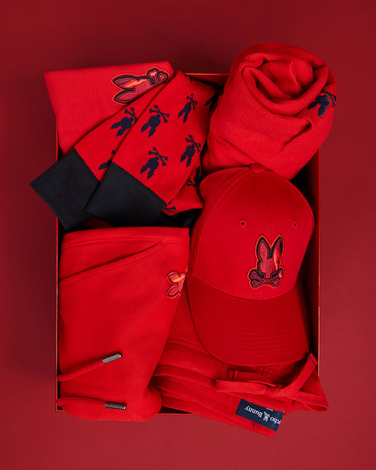 red products on a red box socks hat