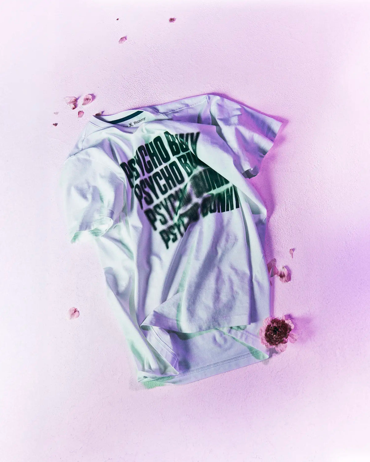 Mens Lawrence Graphic Tee, a relaxed fit pale mint jersey t-shirt featuring a large, central, repeated dark green Psycho Bunny text graphic with a distressed effect.