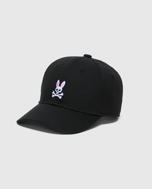 The KIDS CLASSIC BASEBALL CAP - B0A816A1HT from Psycho Bunny features an embroidered Bunny head and crossbones logo on the front, a curved brim, adjustable fit, and visible stitching against a plain light gray background.