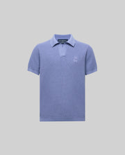 The KIDS LEETON KNIT POLO SHIRT (B0E562F200) by Psycho Bunny is a light purple cotton sweater polo with short sleeves, a Johnny collar, and an embroidered logo on the left chest, shown against a plain light gray background.