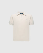 The Psycho Bunny KIDS LEETON JOHNNY COLLAR KNIT POLO (B0E562F200) is a white short-sleeve polo in 100% cotton with a buttonless collar, set against light gray. A small embroidered bunny logo on the left chest makes it ideal for transitional wear.