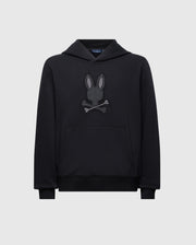 Introducing the KIDS NEW CASTLE FRENCH TERRY HOODIE by Psycho Bunny: a cozy black sweatshirt featuring a playful embroidered Bunny design with a rabbit head above crossed bones, perfectly contrasting its light gray background.