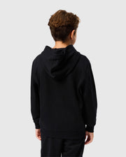 A young person faces away from the camera, wearing a Psycho Bunny KIDS LEVY FLEECE HOODIE - B0H859D200 along with matching pants. Made entirely from cotton for maximum comfort, this regular fit ensemble stands out against the simple, light-colored backdrop.