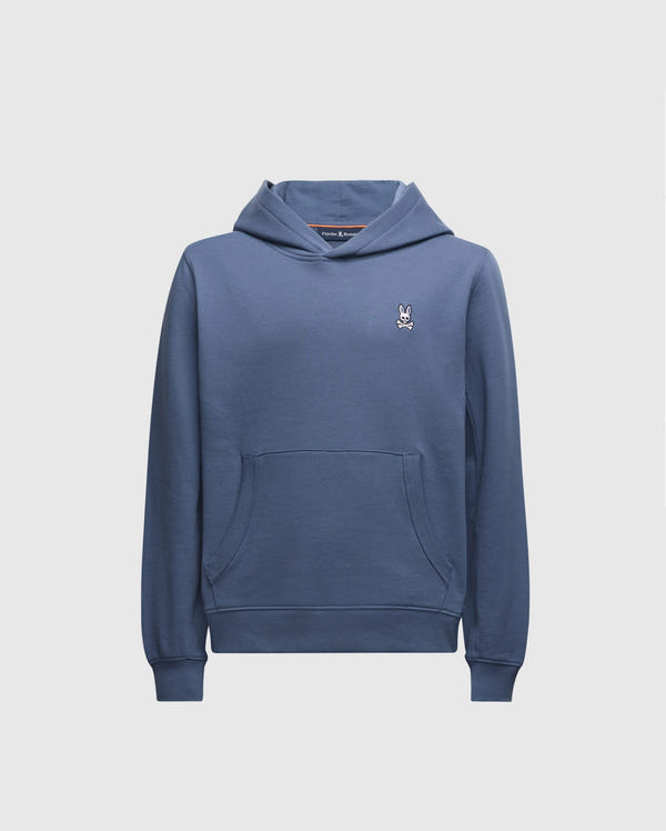The KIDS LEVY ESSENTIAL FLEECE HOODIE - B0H859D200 by Psycho Bunny in blue features a kangaroo pocket and a small embroidered rabbit logo on the left chest. Crafted from 100% cotton, its plain white base accentuates its timeless style.