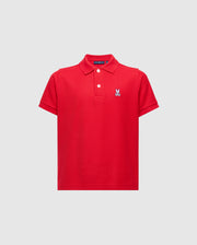 The Psycho Bunny Kids Classic Pique Polo Shirt - B0K001CRPC is a perfect back-to-school choice, featuring a classic red color with a white rabbit emblem on the chest, complemented by a collar and short button placket for a simple yet casual kid's look.