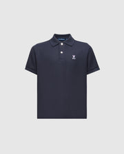 The Psycho Bunny Kids Classic Pique Polo Shirt (B0K001CRPC) in navy blue is ideal for back-to-school wear, with short sleeves and a white embroidered cartoonish rabbit skull and crossbones logo on the left chest. It features a buttoned placket and classic collar for an iconic look.