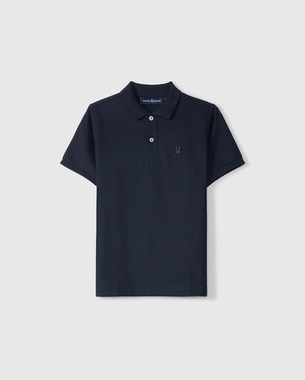 Introducing the KIDS CLASSIC PIQUE POLO SHIRT - B0K021AR00 by Psycho Bunny. This classic polo shirt in navy features short sleeves, a collar, and three buttons. Crafted from soft Pima cotton, it includes an embroidered chest bunny for a playful touch. The product is displayed against a white background for clear visibility.