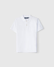 A Psycho Bunny Kids Classic Pique Polo Shirt (B0K021AR00) features a plain white design on a light gray background, crafted from luxurious Pima cotton. It has short sleeves, a classic collar, three white buttons, and an embroidered Bunny logo.