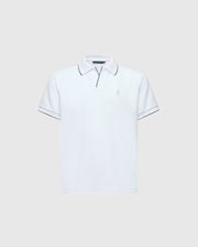 The KIDS EAST HILLS JOHNNY COLLAR POLO - B0K331B200 by Psycho Bunny is a white polo shirt with a Johnny collar and short sleeves set against a gray background. It displays black piping on the collar and sleeves, crafted from soft Pima cotton, featuring a small, subtle seaside-themed logo on the left chest.
