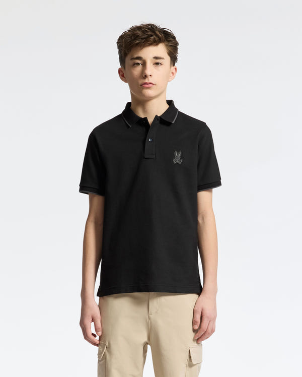 Teen | Kids' black New Castle Piqué Polo by Psycho Bunny, featuring an embroidered logo, and soft Pima cotton for a sleek, comfortable fit.