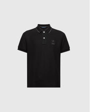 The KIDS NEW CASTLE PIQUE POLO by Psycho Bunny (B0K487F200) is a black polo crafted from luxurious Pima cotton, featuring short sleeves, a buttoned collar, and an embroidered Bunny on the chest. Displayed against a plain white background.