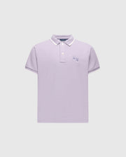 The KIDS ELLIOT PIQUE POLO - B0K505F200 by Psycho Bunny is a stylish lavender Pima cotton polo with white trim on the collar and sleeves. It features two cartoon-like rabbits embroidered on the left chest against a light gray background.