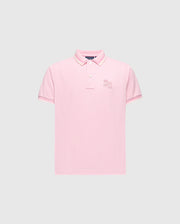 The KIDS ELLIOT PIQUE POLO - B0K505F200 by Psycho Bunny features a pink hue on a light gray backdrop. Crafted from luxurious Pima cotton, it includes short sleeves, a two-button collar, and an embroidered logo on the left chest, offering a bold design for any occasion.