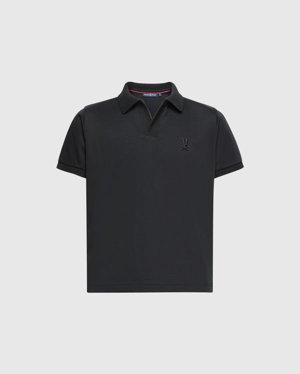 The KIDS BROADWAY PIMA INTERLOCK JOHNNY COLLAR POLO by Psycho Bunny is a sleek black shirt made from mercerized Pima cotton, featuring short sleeves, a johnny collar, and an embroidered logo on the left chest against a plain white background.
