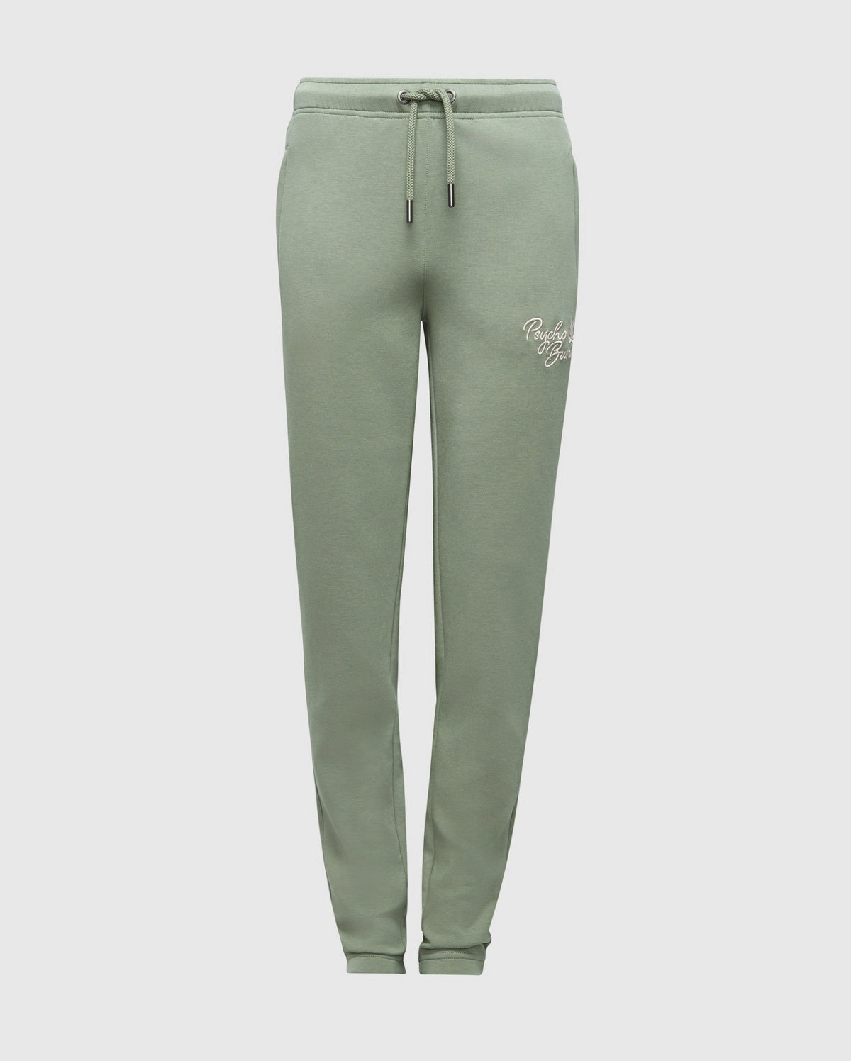 Psycho Bunny's KIDS DESERT EMBROIDERED SWEATPANT (B0P489F200) in light green features soft stretch jersey, a drawstring waist, elastic cuffs, and an embroidered logo on the left thigh. Set against a plain light grey background, they offer comfort and style.