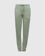 Psycho Bunny's KIDS DESERT EMBROIDERED SWEATPANT (B0P489F200) in light green features soft stretch jersey, a drawstring waist, elastic cuffs, and an embroidered logo on the left thigh. Set against a plain light grey background, they offer comfort and style.