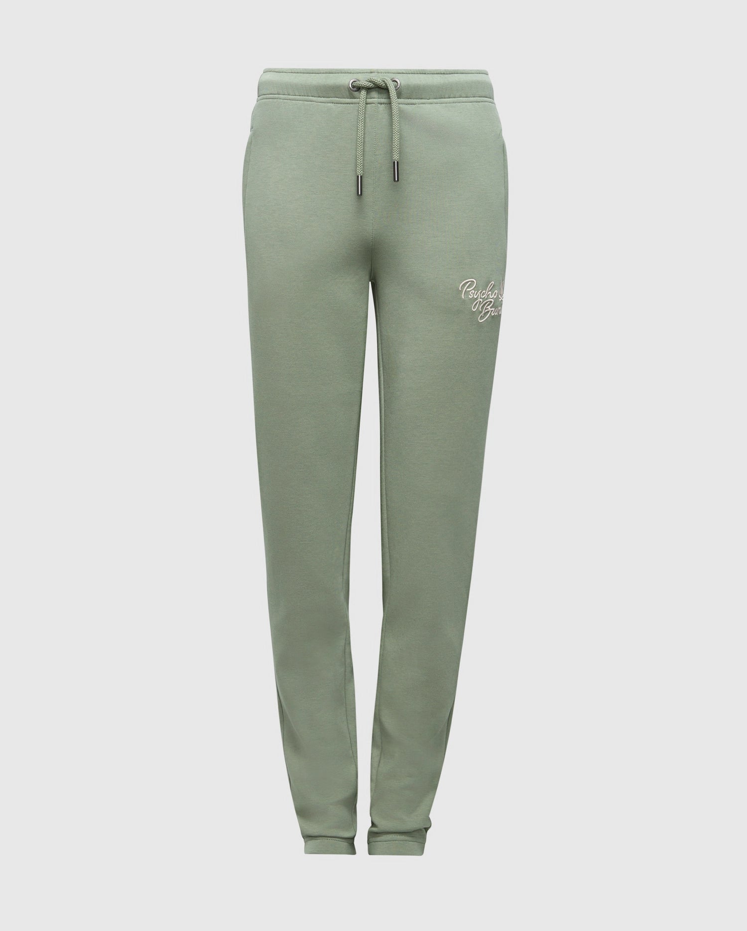 Psycho Bunny's KIDS DESERT EMBROIDERED SWEATPANT (B0P489F200) in light green features soft stretch jersey, a drawstring waist, elastic cuffs, and an embroidered logo on the left thigh. Set against a plain light grey background, they offer comfort and style.