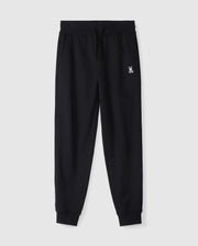 The KIDS LEVY ESSENTIAL FLEECE SWEATPANT - B0P721D200 by Psycho Bunny is a pair of black, 100% cotton sweatpants with an elastic waistband and drawstring, featuring a small white embroidered bunny logo on the left thigh. These cozy playtime pants have cuffed ankles and side pockets, making them ideal for active moments. They are displayed on a plain white background.