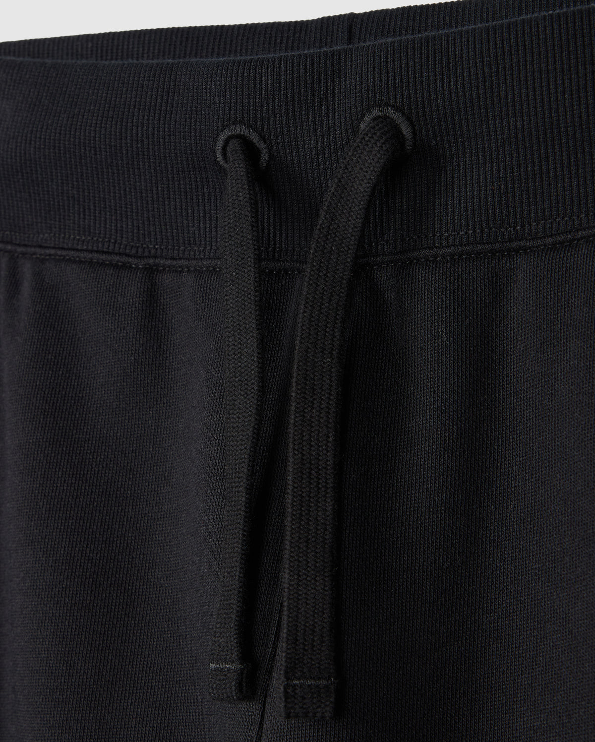 Close-up of the waistband of a pair of Psycho Bunny KIDS LEVY ESSENTIAL FLEECE SWEATPANTS (B0P721D200), showcasing the ribbed elastic band and black drawstrings hanging down the front. The fabric looks soft and smooth, making it perfect for cozy playtime.