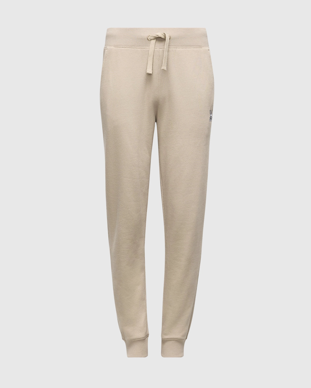 The KIDS LEVY ESSENTIAL FLEECE SWEATPANT - B0P721D200 from Psycho Bunny features a drawstring waistband and cuffed ankles. Crafted from soft material for casual wear, these sweatpants showcase a minimalist design with a logo on the left thigh. Perfect for those seeking comfort, these cotton joggers blend style and ease effortlessly.