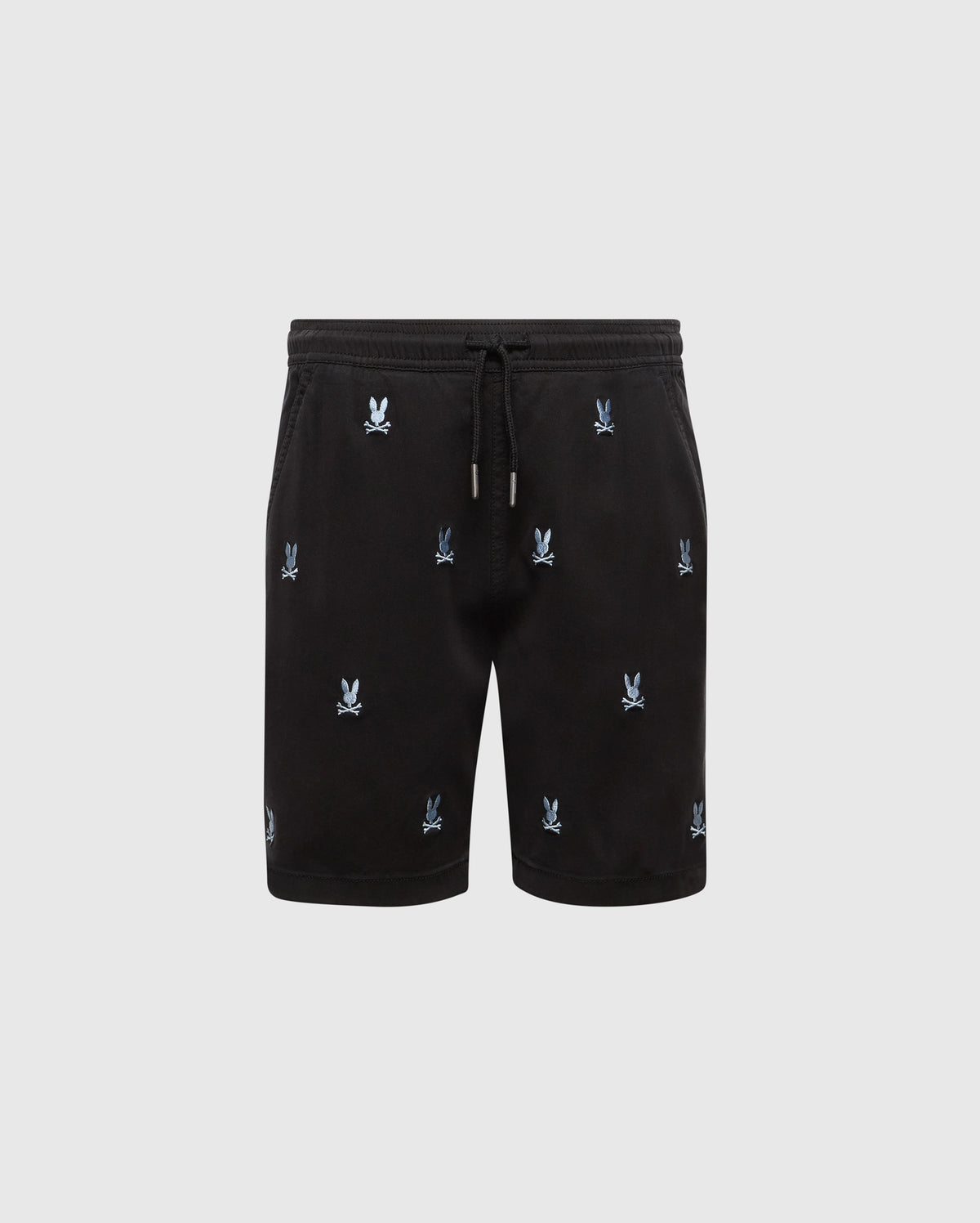 The Psycho Bunny KIDS ALL OVER WILLIS STRETCH TENCEL SHORT (B0R559F200) is a pair of black shorts featuring a drawstring waistband, regular fit, light blue embroidered bunny pattern, and side pockets. Made from comfortable Stretch Tencel™, these shorts are shown against a plain gray background.