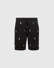 The Psycho Bunny KIDS ALL OVER WILLIS STRETCH TENCEL SHORT (B0R559F200) is a pair of black shorts featuring a drawstring waistband, regular fit, light blue embroidered bunny pattern, and side pockets. Made from comfortable Stretch Tencel™, these shorts are shown against a plain gray background.