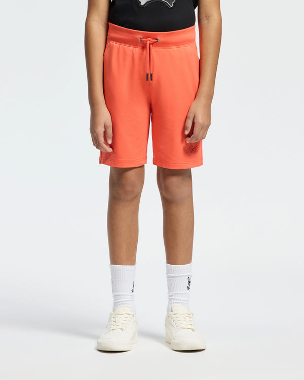 Kids | Kids' Levanzo French Terry Sweatshort in hot coral by Psycho Bunny, featuring a comfortable fit, soft fabric, and embroidered logo for a casual, stylish look.