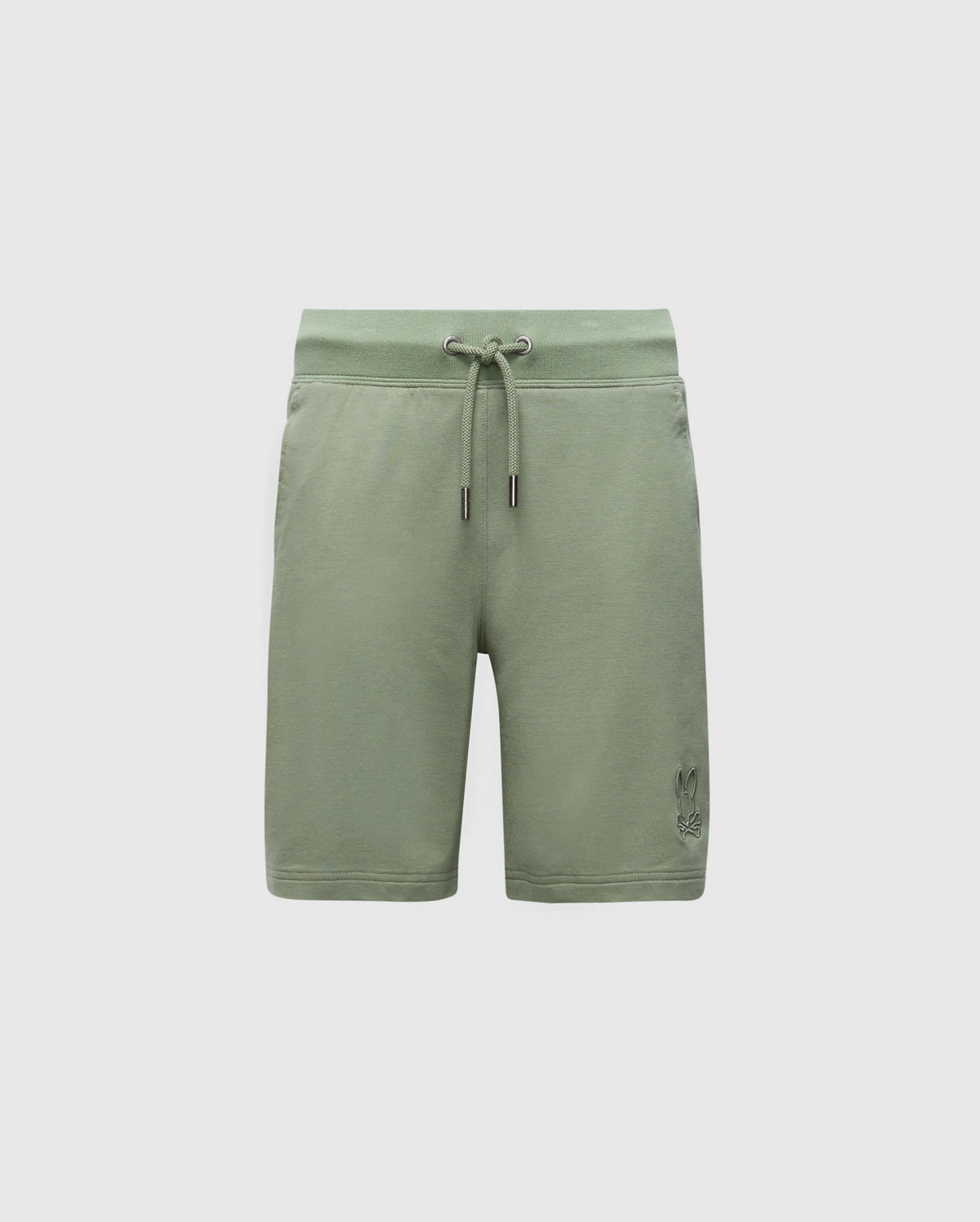 The KIDS LEVANZO FRENCH TERRY SWEATSHORT by Psycho Bunny features a drawstring waist and a small embroidered design on the lower left. Made from stretch cotton jersey, these green shorts offer soft comfort perfect for casual wear against a plain white background.